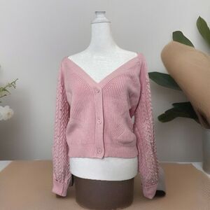 dee elly Women M Pink Pearl Cardigan Sweater Coquette V-neck Balletcore Boho